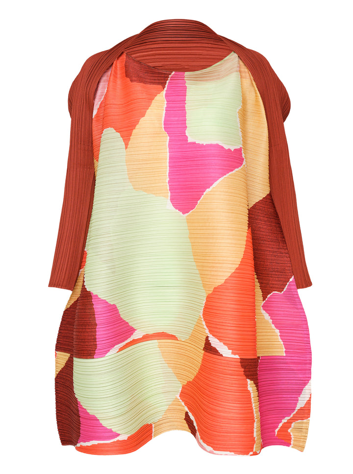 Pleats Please Issey Miyake SURPRISE! long sleeve pleated dress with abstract multicolour print in fuchsia, coral, orange, mint, and rust, shown from the back on a white background