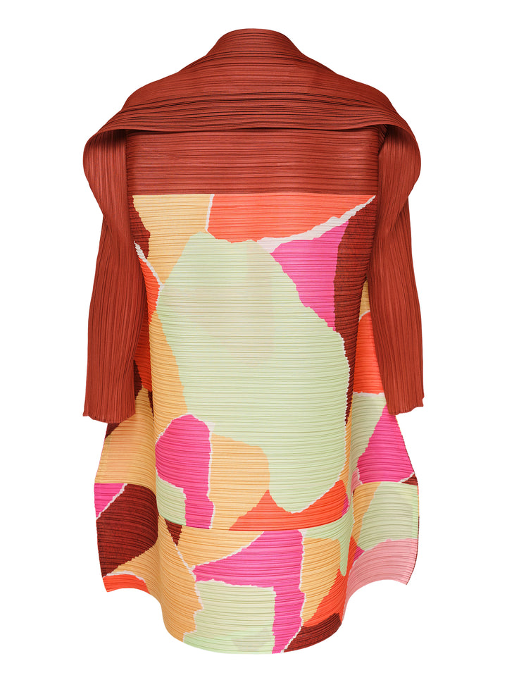 Pleats Please Issey Miyake SURPRISE! long sleeve pleated dress with abstract multicolour print in fuchsia, coral, orange, mint, and rust, shown from the back on a white background - view 2