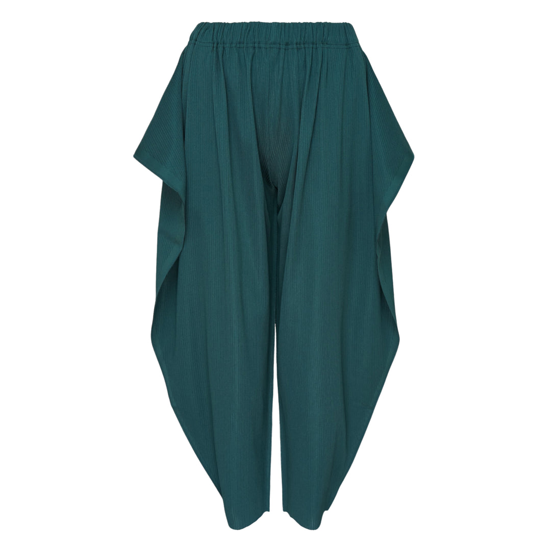 Pleats Please Issey Miyake A-POC Balloon Pants in black, featuring fine vertical pleating, volumetric silhouette, side panel flaps at the hip, and gathered ankle hems, displayed flat on a white background