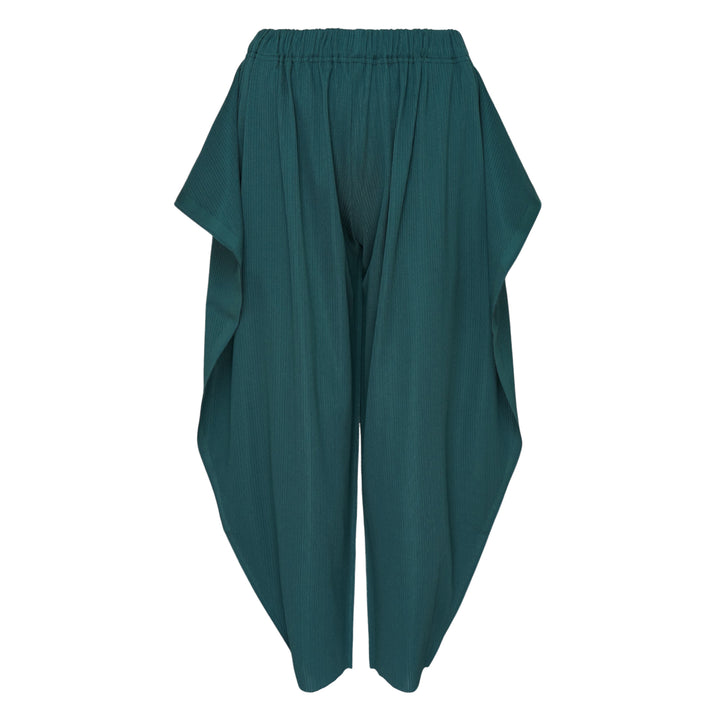 Pleats Please Issey Miyake A-POC Balloon Pants in black, featuring fine vertical pleating, volumetric silhouette, side panel flaps at the hip, and gathered ankle hems, displayed flat on a white background
