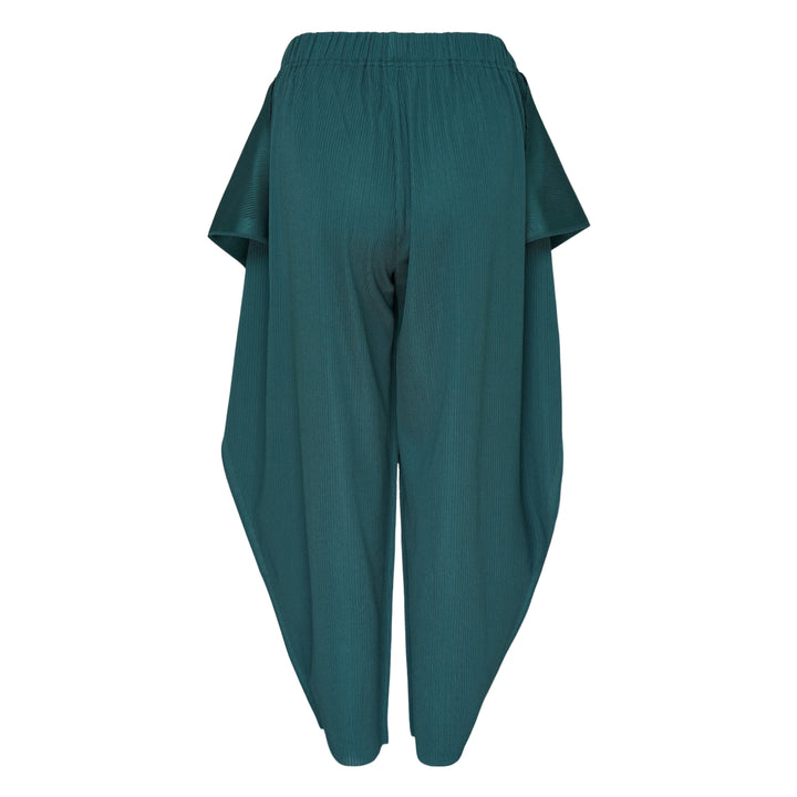 Pleats Please Issey Miyake A-POC Balloon Pants in black, featuring fine vertical pleating, volumetric silhouette, side panel flaps at the hip, and gathered ankle hems, displayed flat on a white background