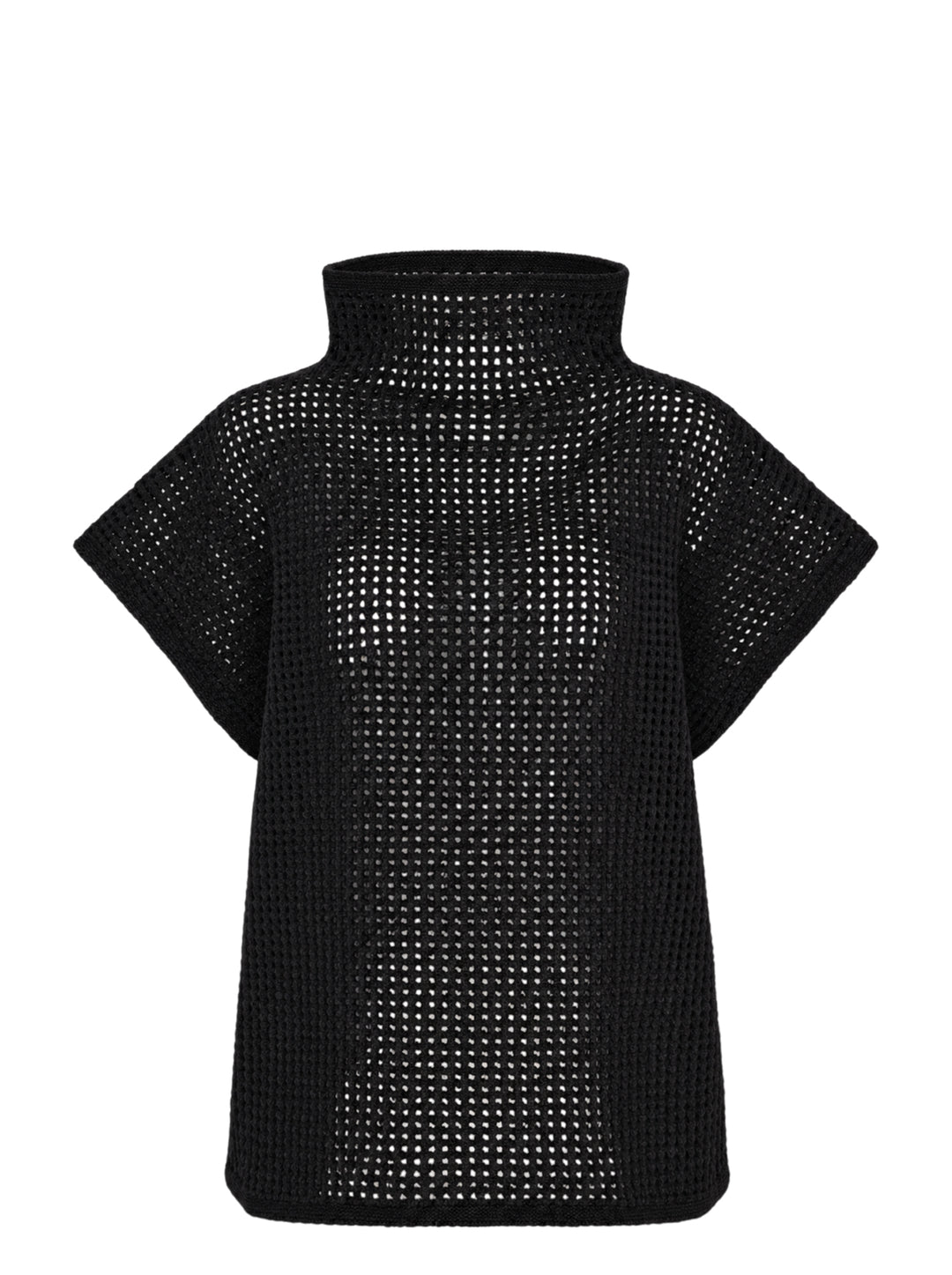 Black open-mesh dot knit top with funnel neck and cap sleeves by Pleats Please Issey Miyake