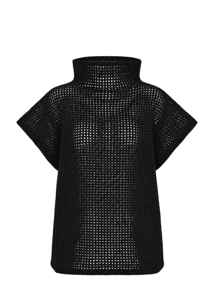 Black open-mesh dot knit top with funnel neck and cap sleeves by Pleats Please Issey Miyake