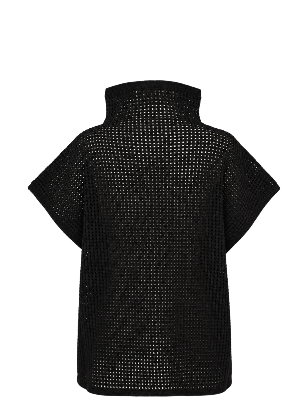 Black open-mesh dot knit top with funnel neck and cap sleeves by Pleats Please Issey Miyake - view 2