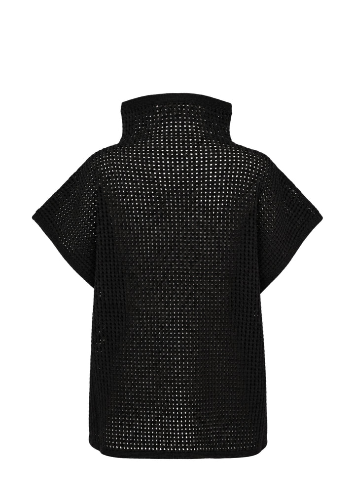 Black open-mesh dot knit top with funnel neck and cap sleeves by Pleats Please Issey Miyake - view 2