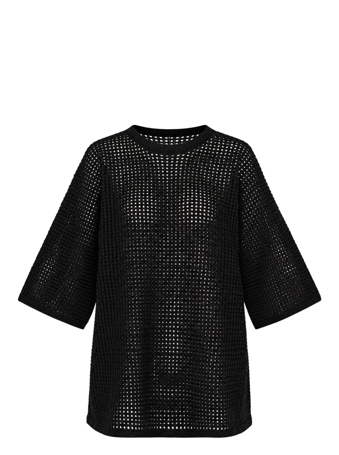 Pleats Please Issey Miyake Dot Knit — black open-work oversized half-sleeve crew neck top, shown flat from the front