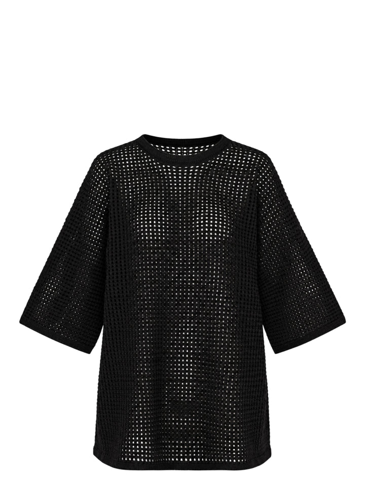 Pleats Please Issey Miyake Dot Knit — black open-work oversized half-sleeve crew neck top, shown flat from the front