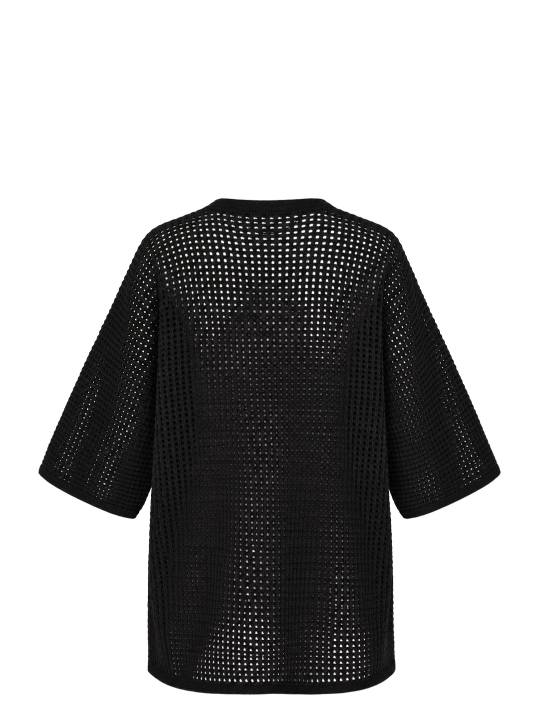 Pleats Please Issey Miyake Dot Knit — black open-work oversized half-sleeve crew neck top, shown flat from the front - view 2