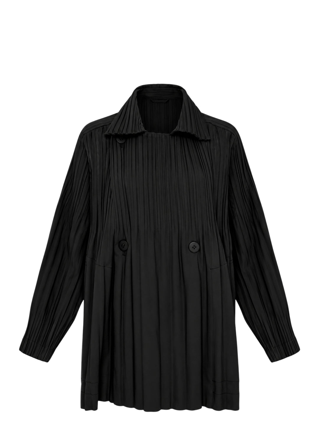 Pleats Please Issey Miyake Smooth Coat in black with fine vertical pleats, spread collar and double-breasted button fastening