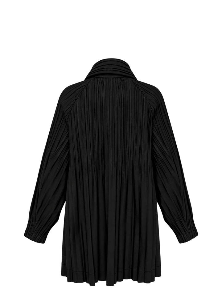 Pleats Please Issey Miyake Smooth Coat in black with fine vertical pleats, spread collar and double-breasted button fastening - view 2