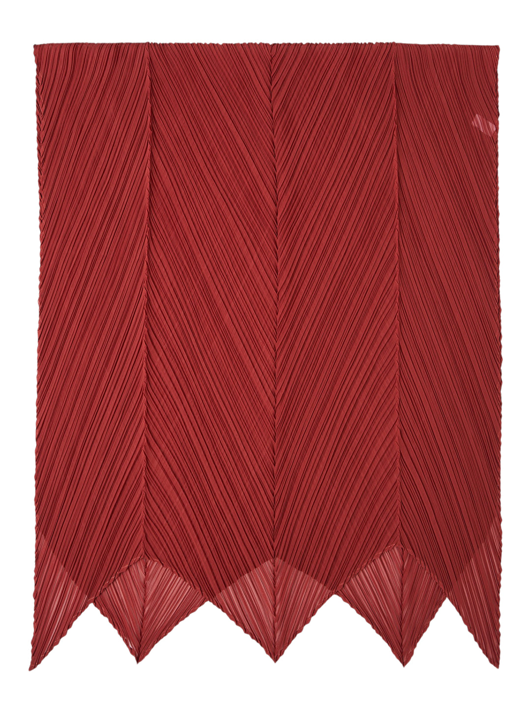 Pleats Please Issey Miyake Monthly Scarf September in deep red, featuring all-over micro-pleating in a chevron pattern and a dramatic zigzag pointed hem