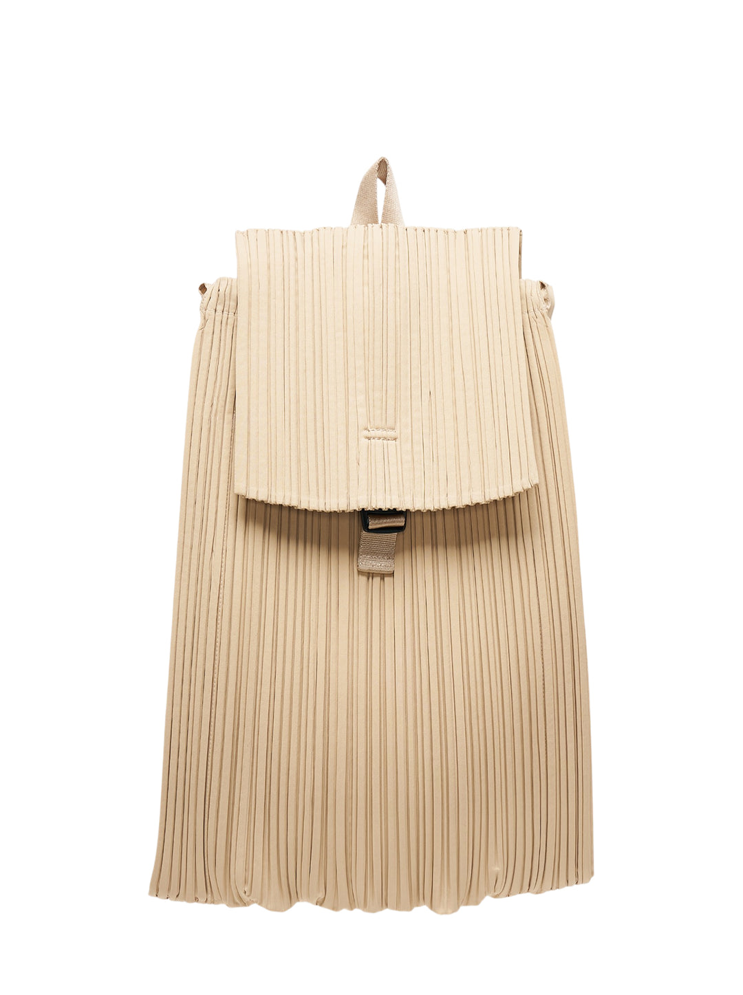 Pleats Please Issey Miyake pleated knapsack in sand beige with flap closure, buckle fastening and top carry handle