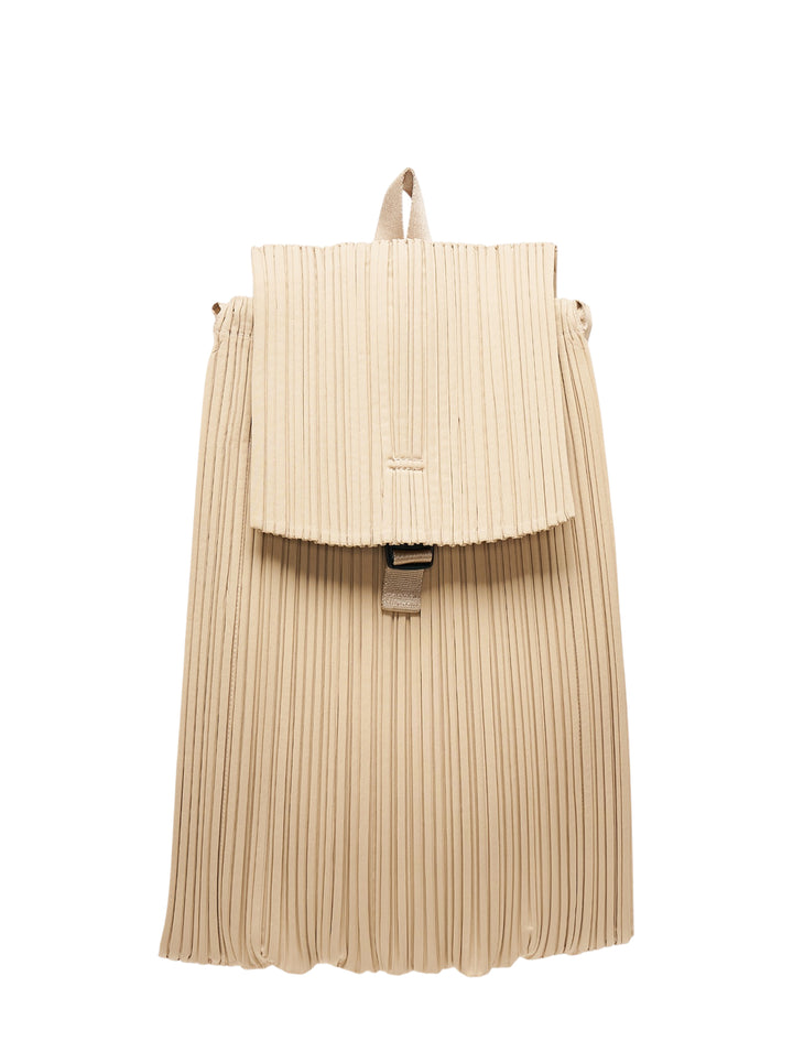 Pleats Please Issey Miyake pleated knapsack in sand beige with flap closure, buckle fastening and top carry handle