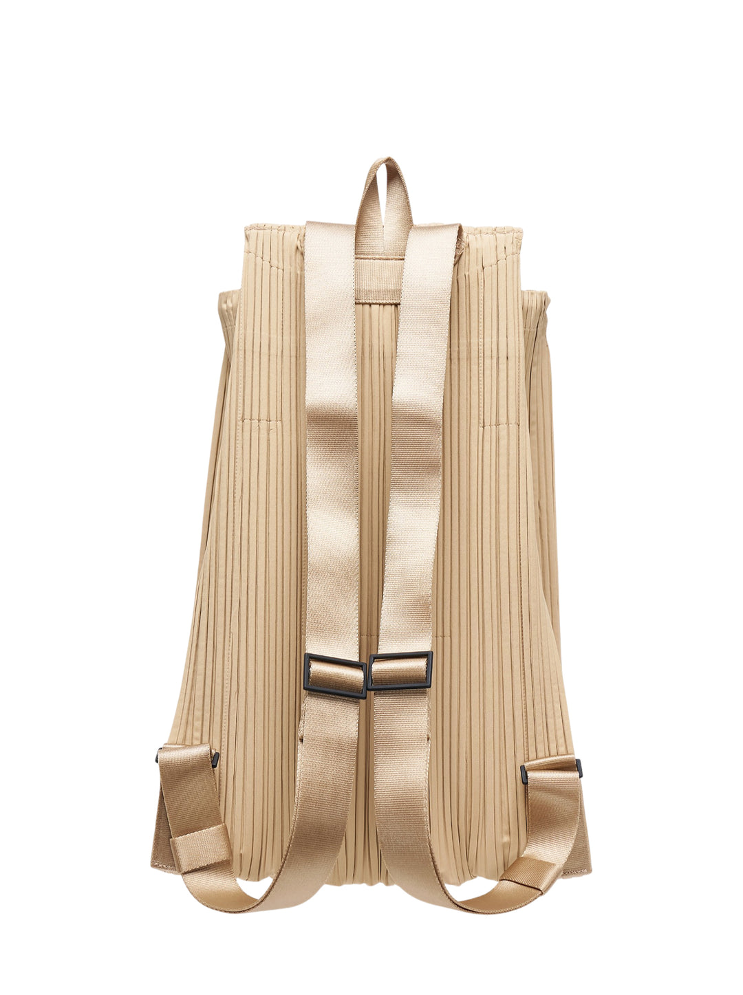 Pleats Please Issey Miyake pleated knapsack in sand beige with flap closure, buckle fastening and top carry handle - view 2