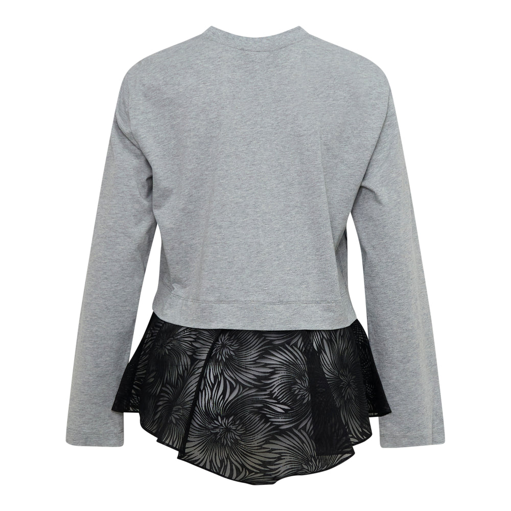 3.1 Phillip Lim Long Sleeve Organza Combo Tee in grey marl with a black floral organza asymmetric peplum hem, front view on a flat lay - view 2