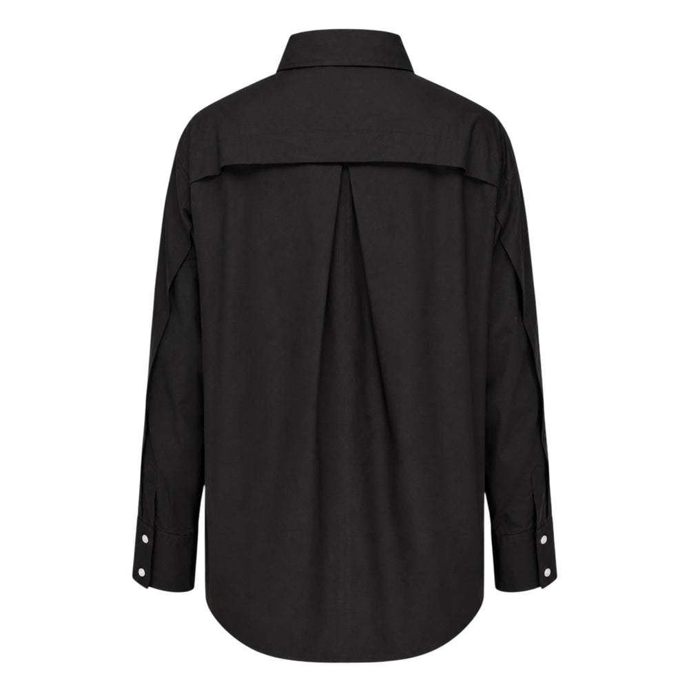 3.1 Phillip Lim black poplin oversized shirt with diagonal yoke panelling, sequin-trimmed chest pocket, and white button fastening - view 2