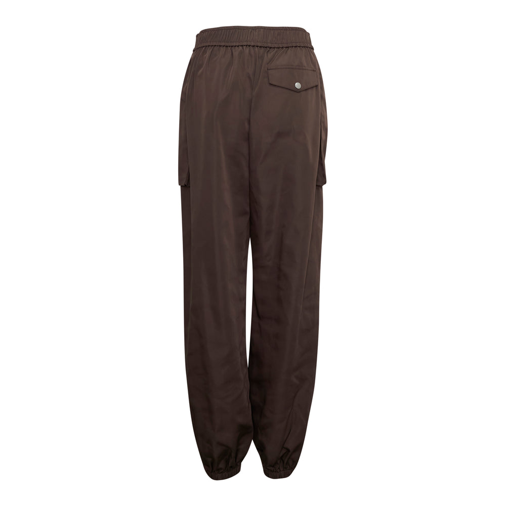 3.1 Phillip Lim Nylon Utility Pants in dark brown with elasticated waistband, zip pockets, thigh cargo pockets and tapered elasticated cuffs - view 2