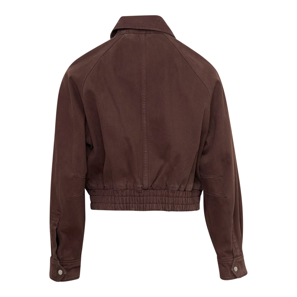 3.1 Phillip Lim Cropped Denim Bomber Jacket in chocolate brown with silver zip, oversized cargo chest pockets, raglan sleeves, and elasticated hem, product flat shot on white background - view 2