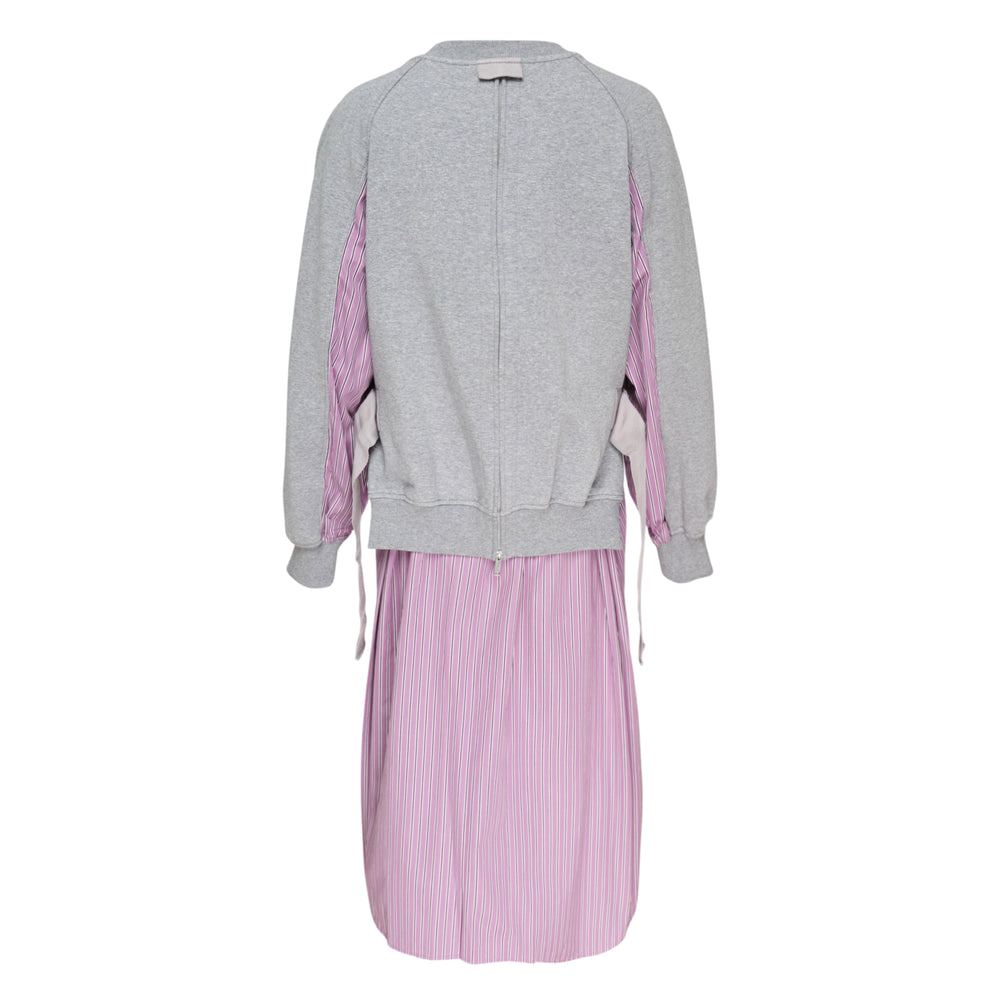 3.1 Phillip Lim French Terry Midi Dress with heather grey sweatshirt top and pink pinstripe shirting skirt with button placket - view 2