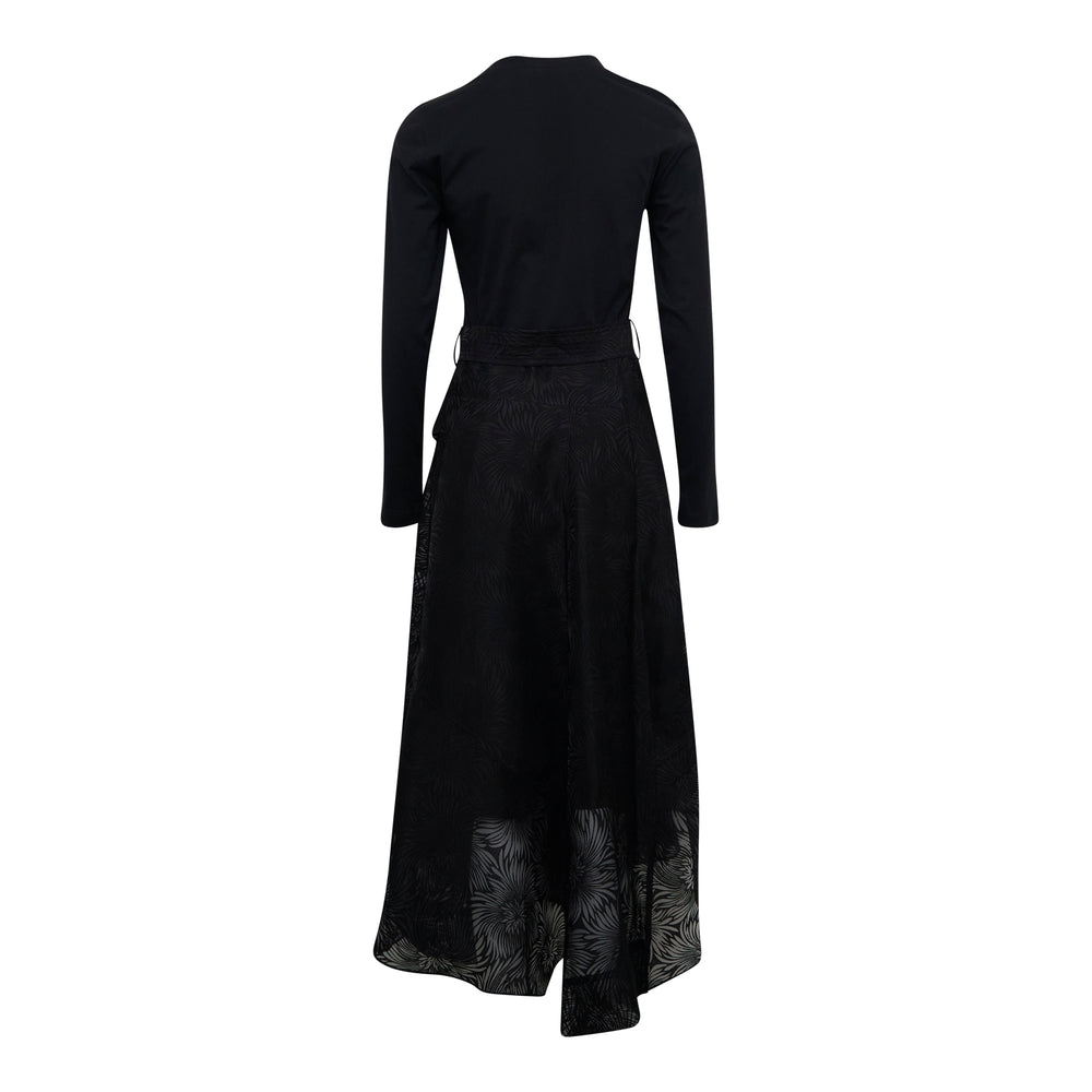 3.1 Phillip Lim Long Sleeve Organza T-Shirt Dress in black, featuring a jersey bodice, floral organza midi skirt, self-tie knot waist, and asymmetric handkerchief hem - view 2
