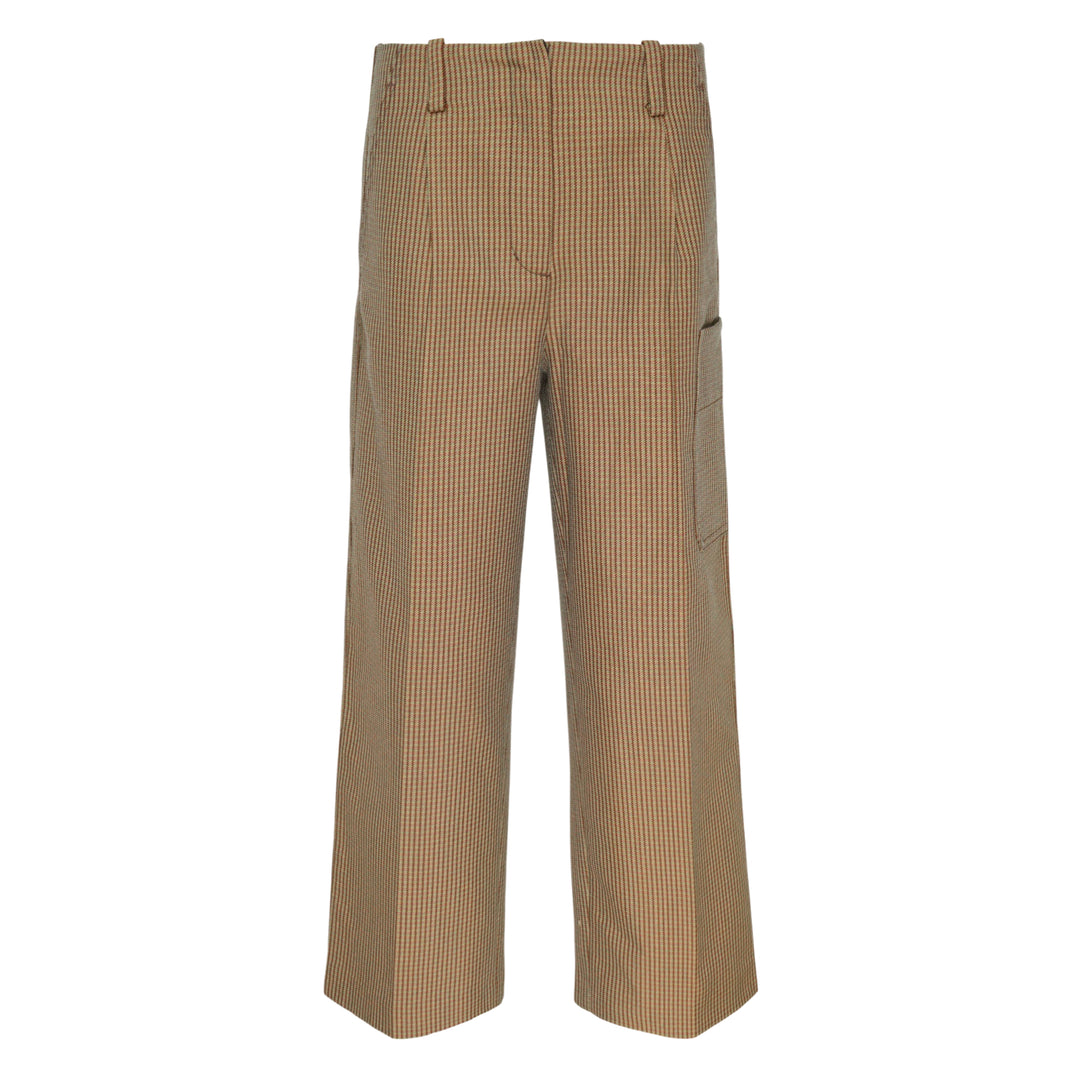 3.1 Phillip Lim Curved Tweed Wide-Leg Pants in micro houndstooth camel weave, featuring a high waist, belt loops, cargo patch pocket, and wide flared hem — rear product view on white background