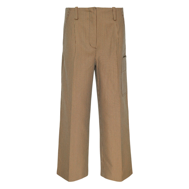 3.1 Phillip Lim Curved Tweed Wide-Leg Pants in micro houndstooth camel weave, featuring a high waist, belt loops, cargo patch pocket, and wide flared hem — rear product view on white background