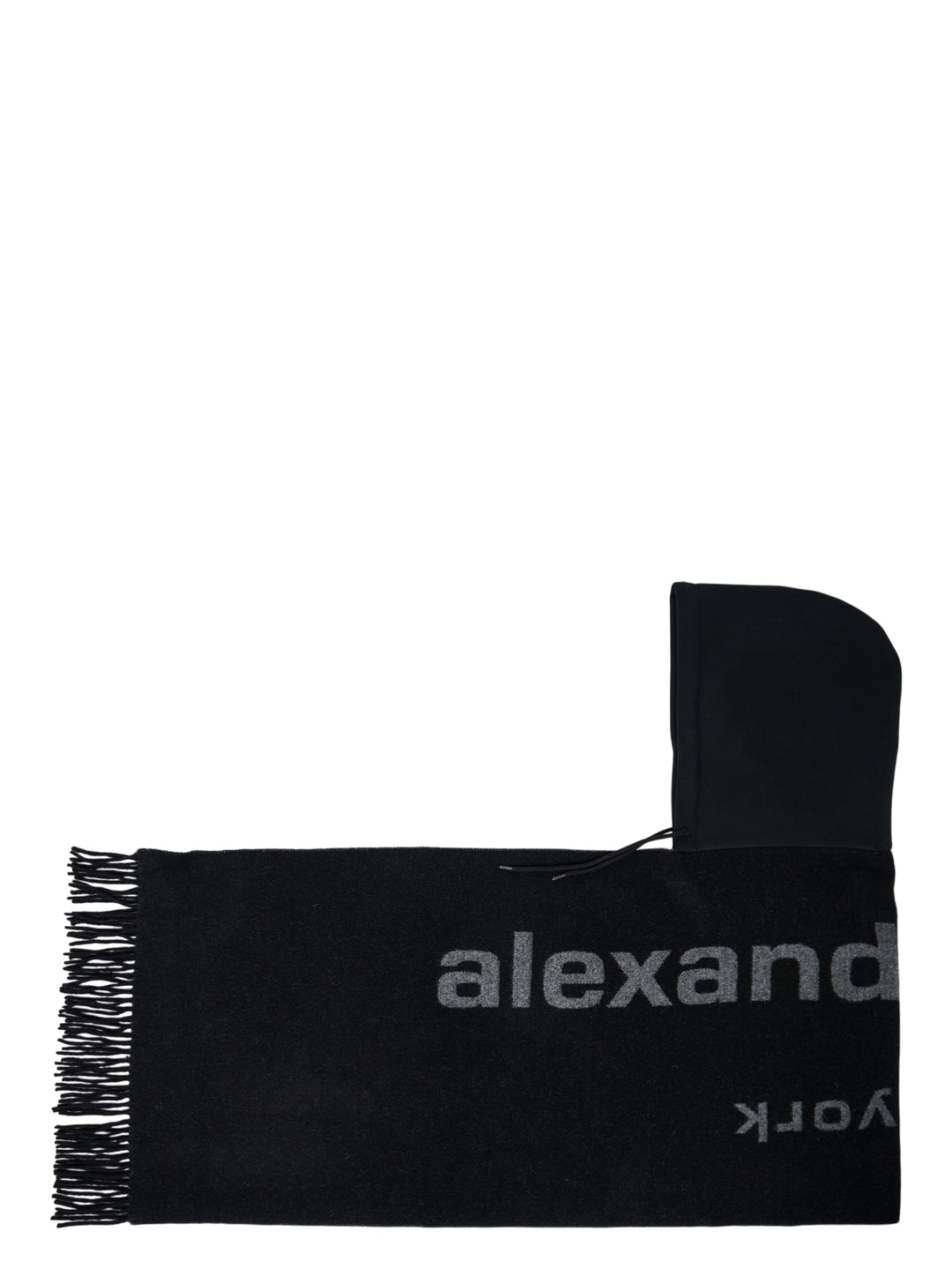 Alexander Wang black hooded logo scarf with grey jacquard branding, drawstring hood and fringed ends