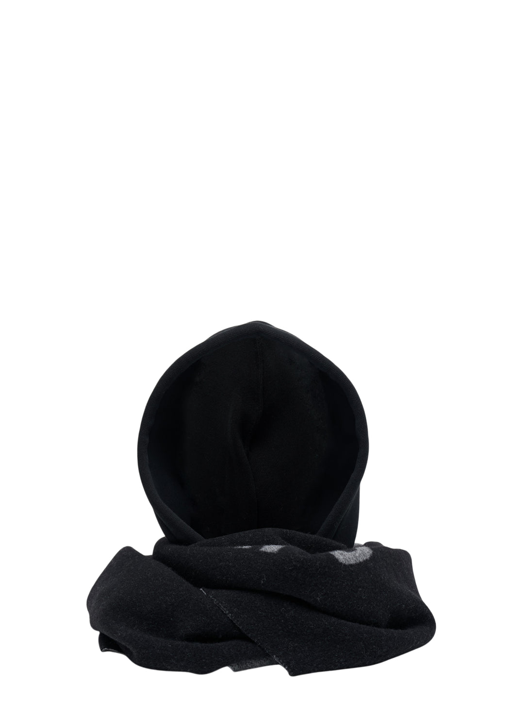 Alexander Wang black hooded logo scarf with grey jacquard branding, drawstring hood and fringed ends - view 3