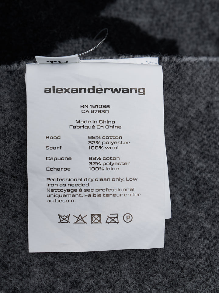 Alexander Wang black hooded logo scarf with grey jacquard branding, drawstring hood and fringed ends - view 4
