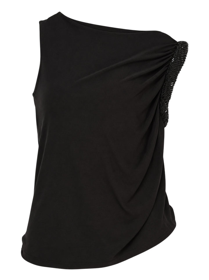 Alexander Wang black sleeveless one-shoulder top with gathered twist detail and hotfix embellished trim