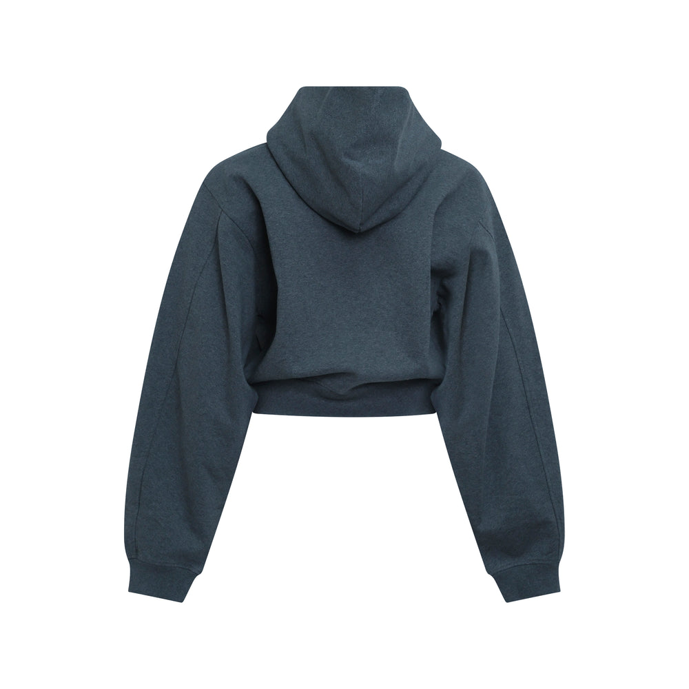 Alexander Wang dark teal heathered fleece cropped zip-up hoodie with kangaroo pocket and logo print at the chest - view 2