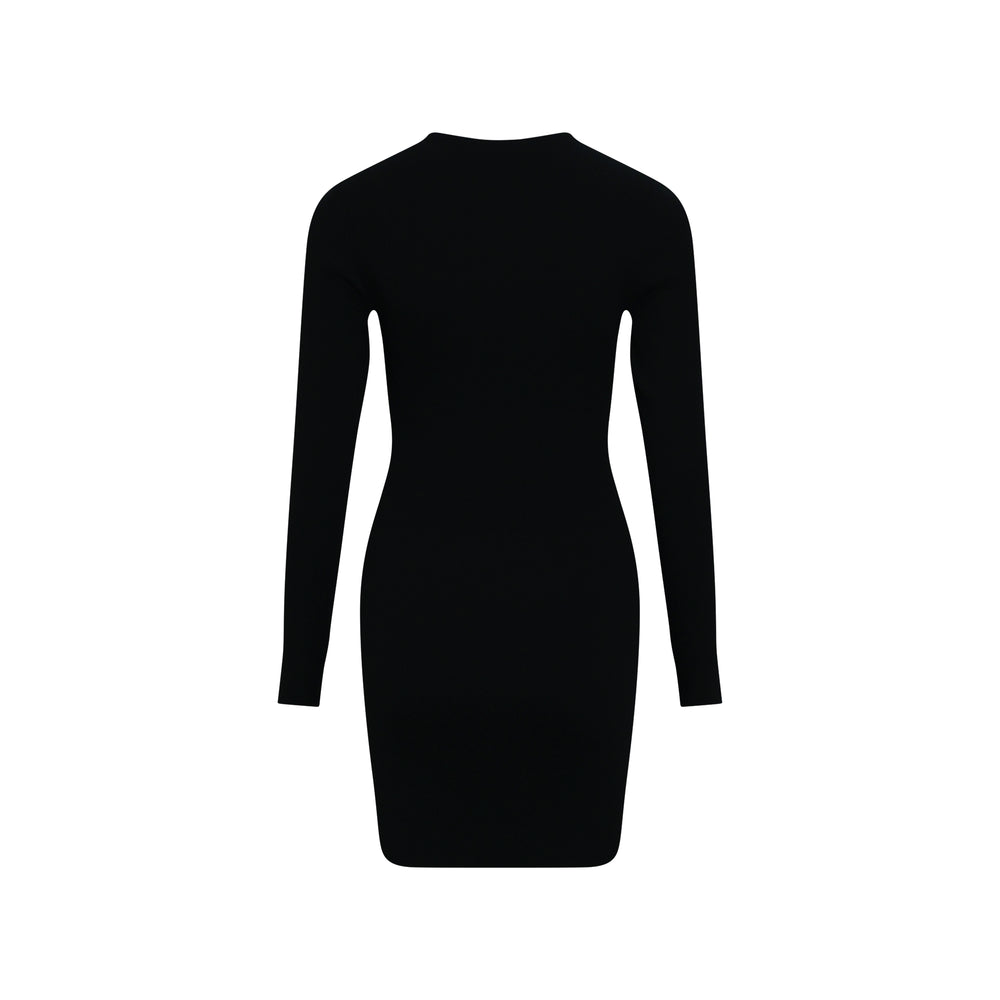 Alexander Wang black long sleeve crew neck mini dress with tonal jacquard logo at the chest, displayed flat on a white background - view 2