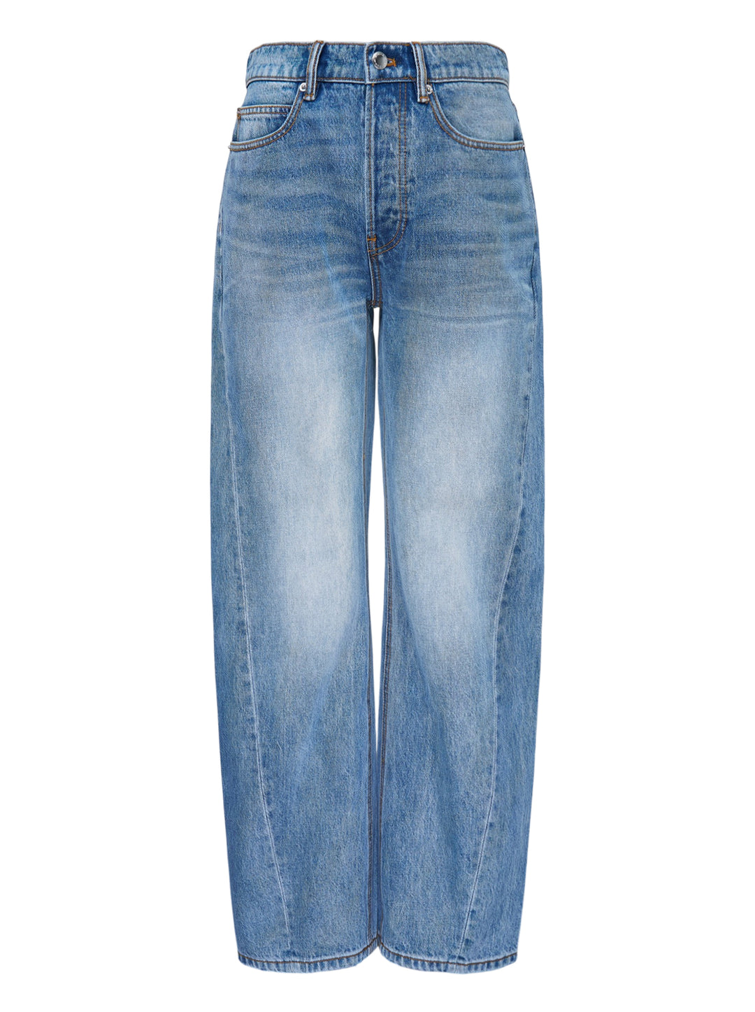 Alexander Wang Float Jeans in washed mid-blue denim with a high rise and curved twisted-seam leg, shown from the front