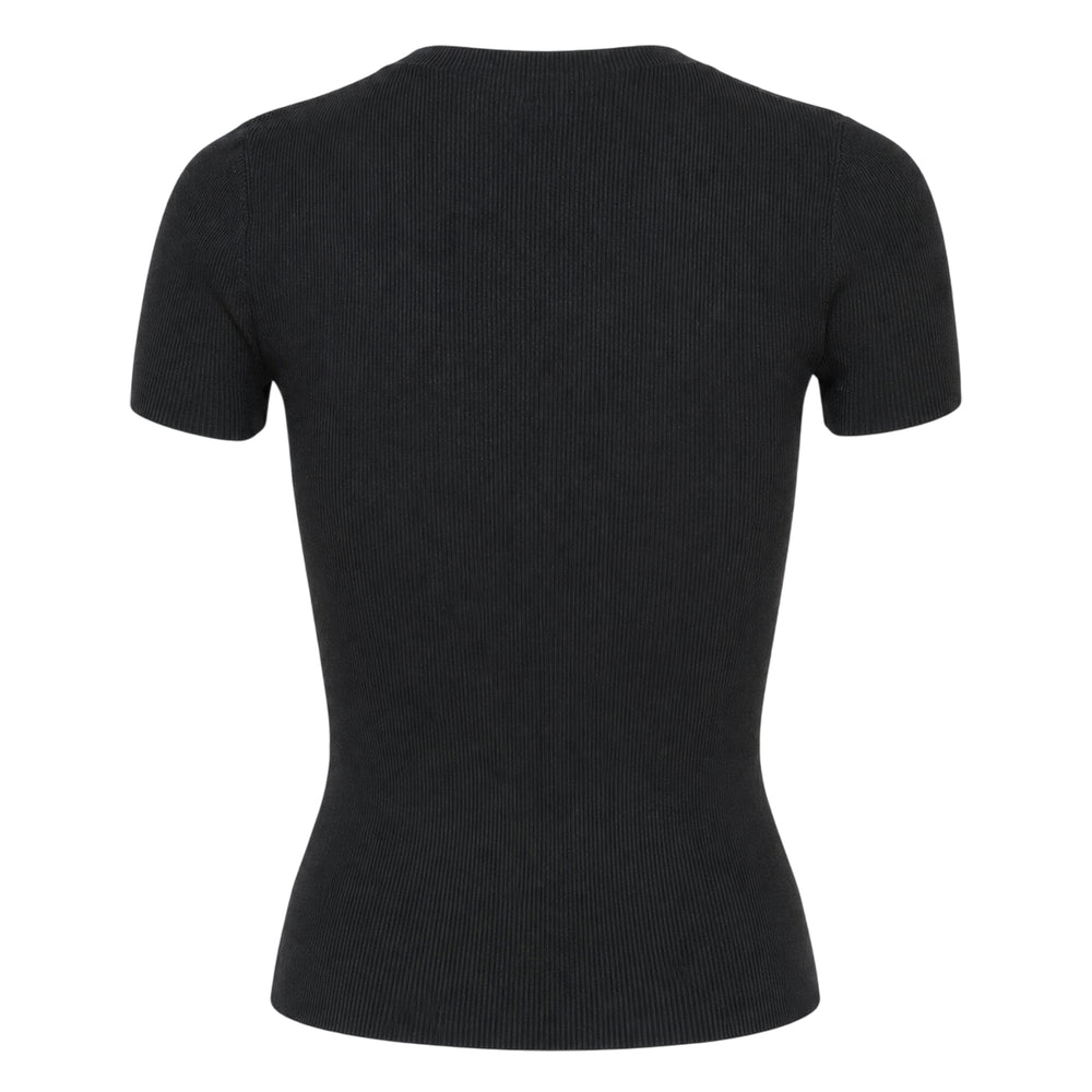 Alexander Wang black ribbed short sleeve crewneck top with jacquard logo lettering at the chest, shown flat on a white background - view 2