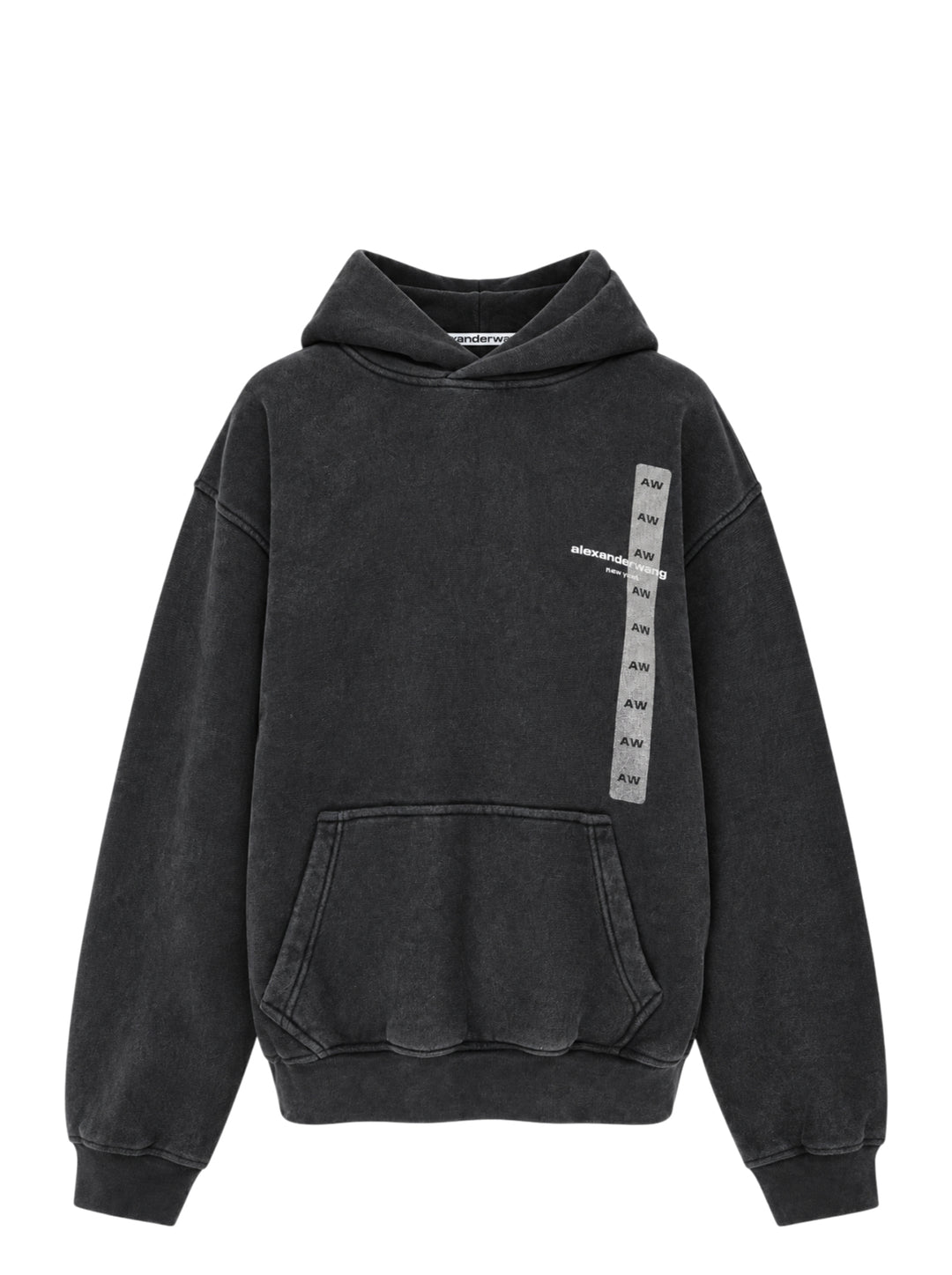 Alexander Wang washed black oversized hoodie with vertical holographic AW flasher graphic and alexanderwang New York logo print on the chest