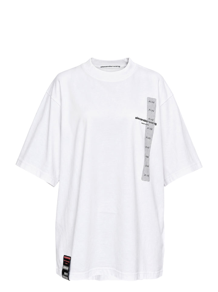 White oversized short sleeve tee by Alexander Wang with a vertical grey AW flasher graphic and logo print on the chest
