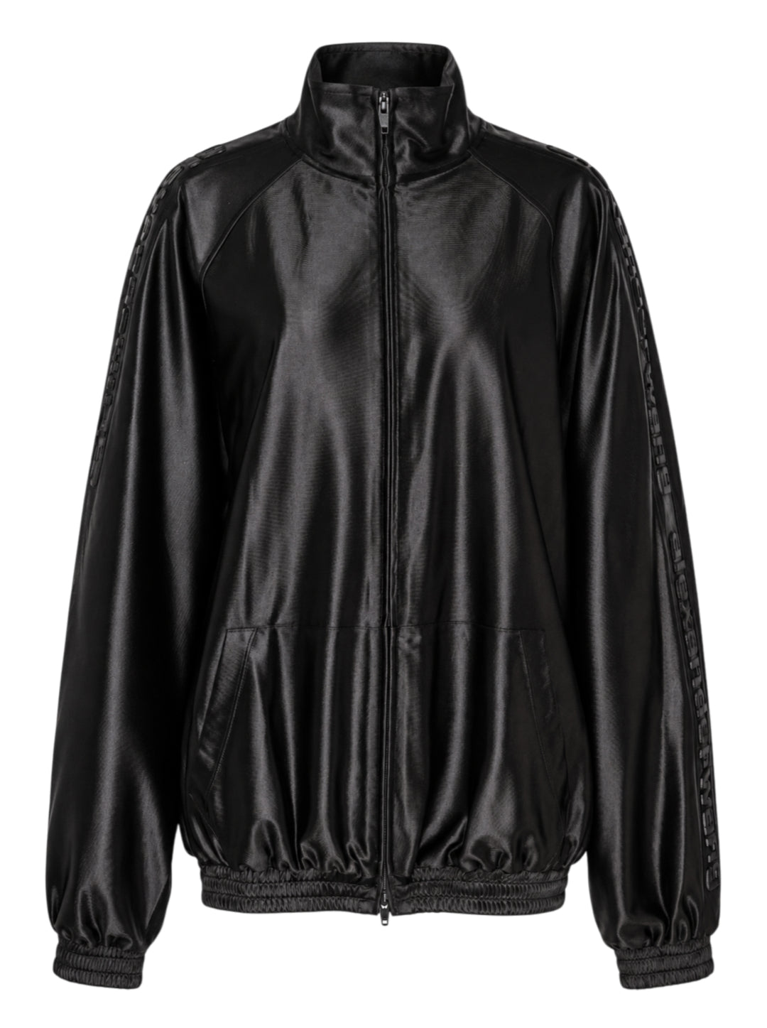 Alexander Wang black satin oversized track jacket with embossed logo tape on the sleeves, funnel neck and smocked hem