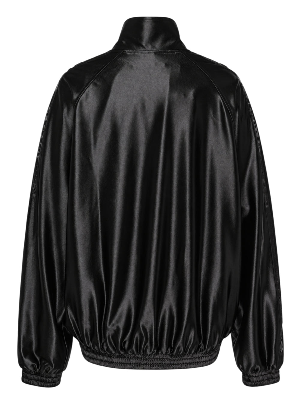 Alexander Wang black satin oversized track jacket with embossed logo tape on the sleeves, funnel neck and smocked hem - view 2