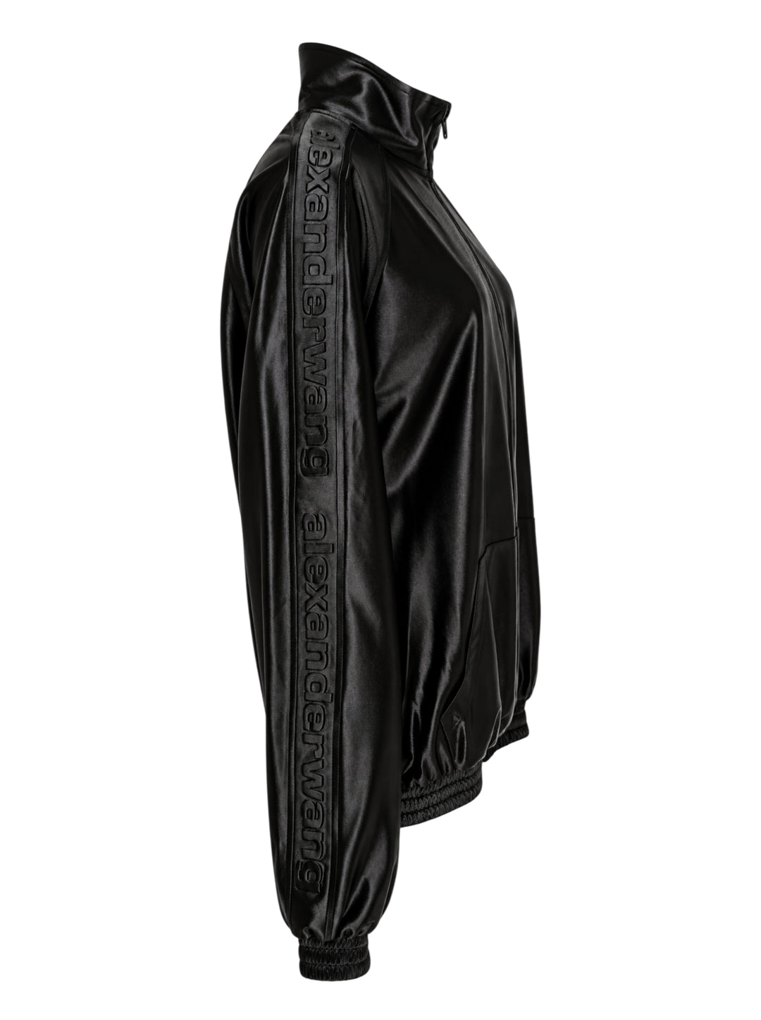Alexander Wang black satin oversized track jacket with embossed logo tape on the sleeves, funnel neck and smocked hem - view 4