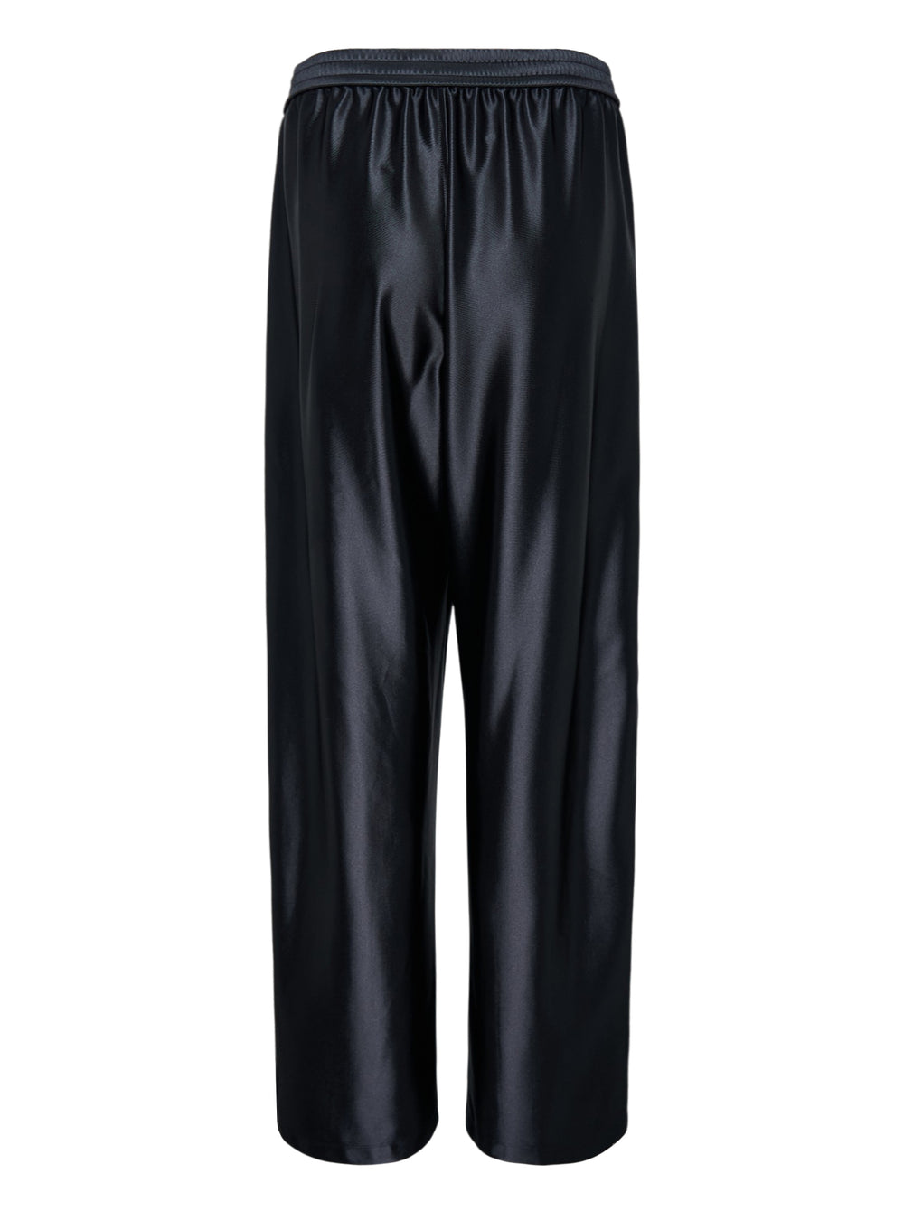 Alexander Wang mid-rise black glossy track pants with embossed side logo panels and elasticated waistband, shown from the front - view 2