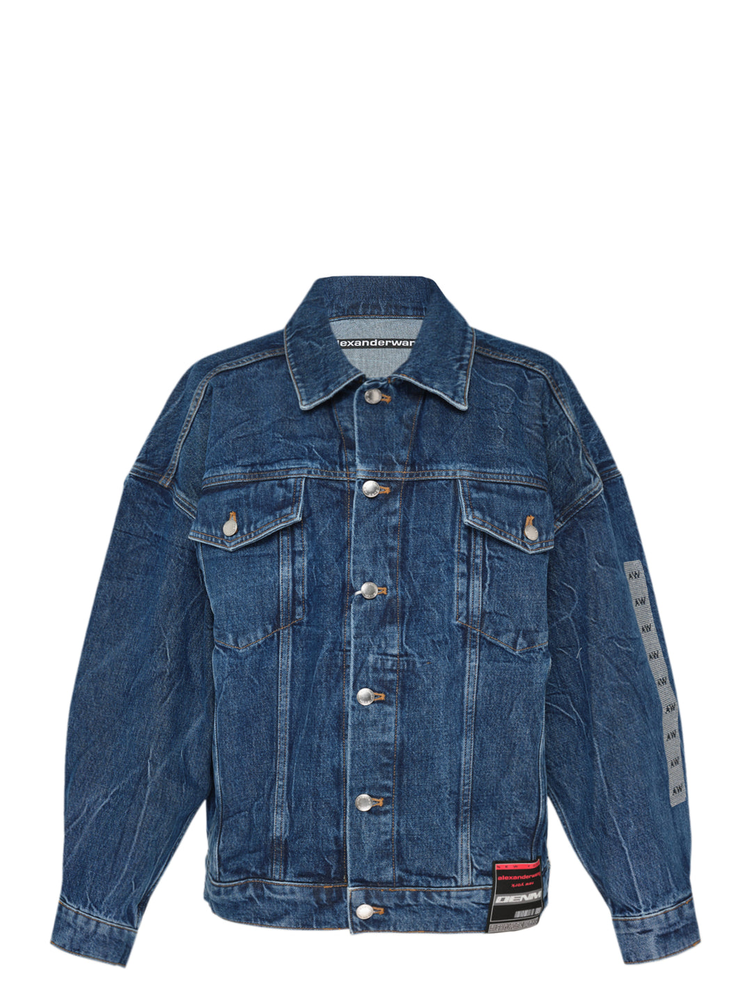 Alexander Wang oversized trucker jacket in washed blue denim with chest flap pockets, button front and AW logo tape on the sleeve
