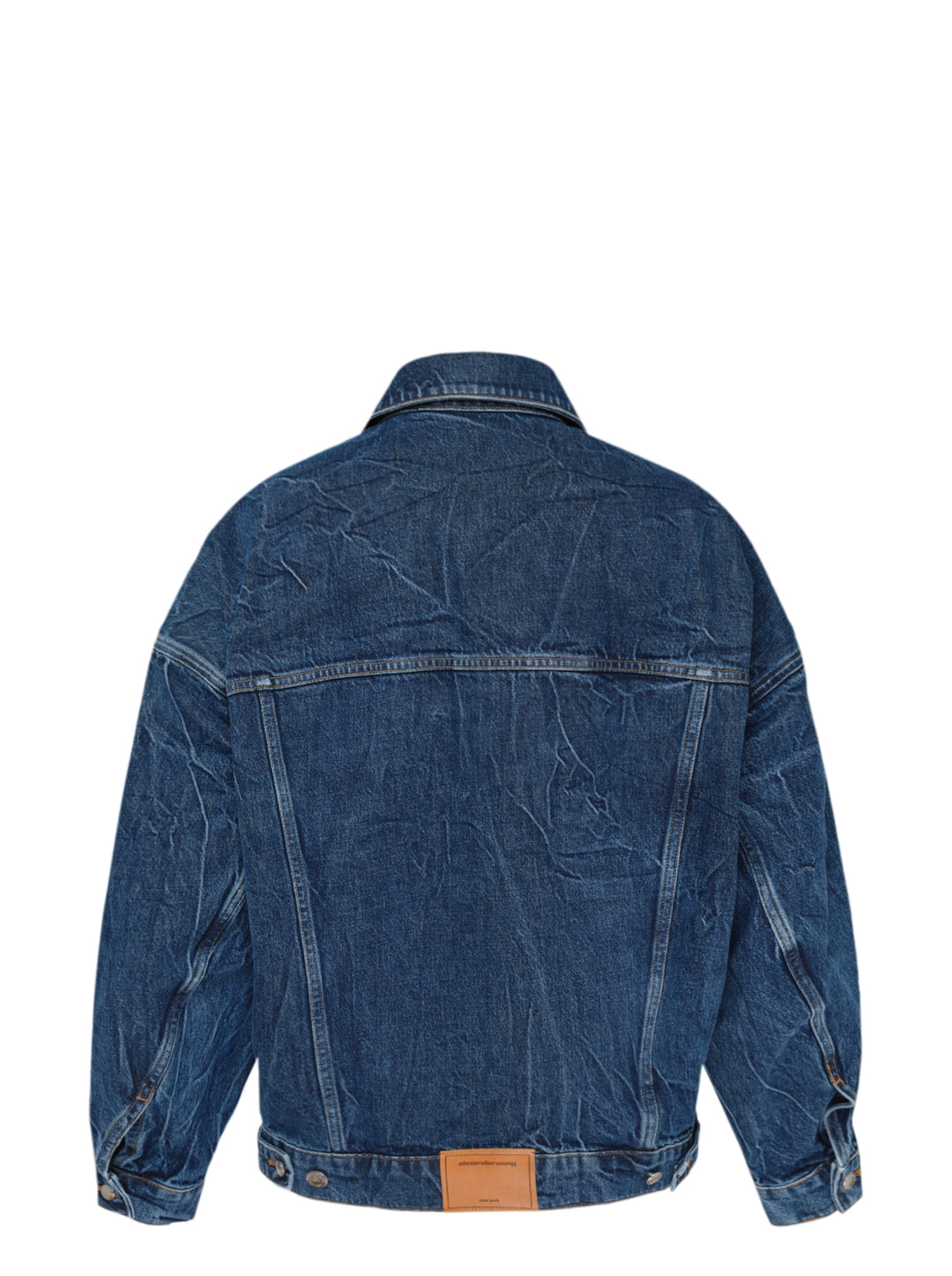 Alexander Wang oversized trucker jacket in washed blue denim with chest flap pockets, button front and AW logo tape on the sleeve - view 2