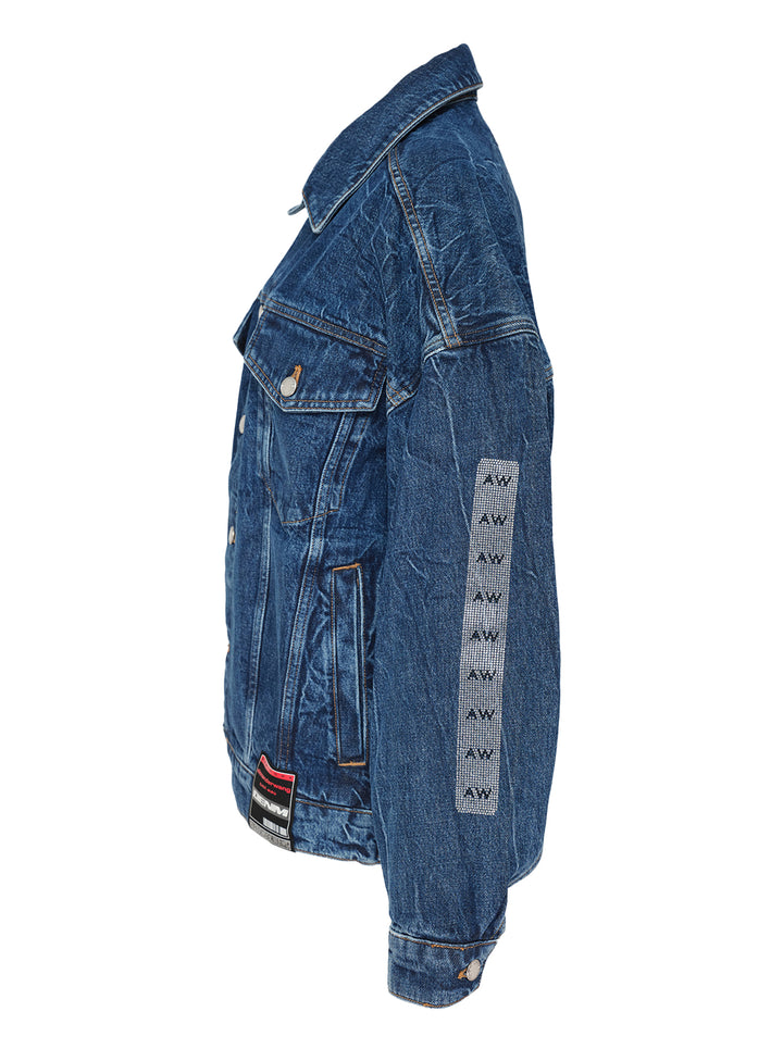 Alexander Wang oversized trucker jacket in washed blue denim with chest flap pockets, button front and AW logo tape on the sleeve - view 4