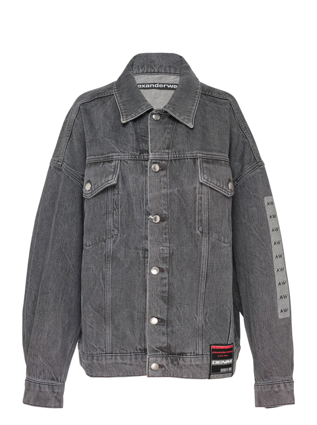 Alexander Wang oversized trucker jacket in washed grey denim with AW logo detail on the sleeve and woven denim label at the hem