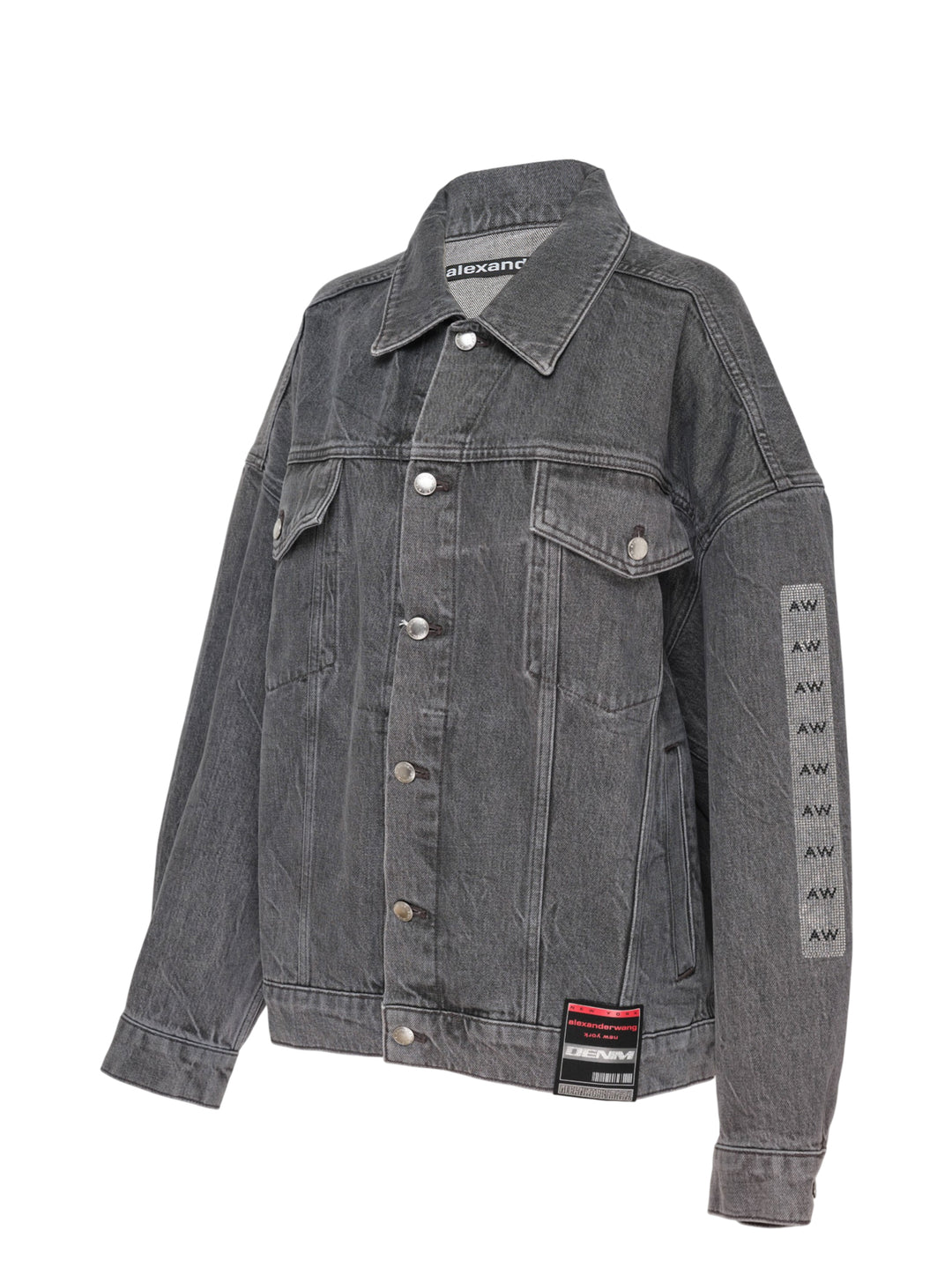 Alexander Wang oversized trucker jacket in washed grey denim with AW logo detail on the sleeve and woven denim label at the hem - view 3