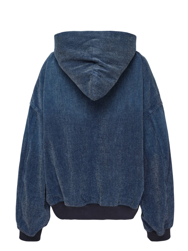 Alexander Wang oversized zip-up hoodie in washed indigo brushed denim with ribbed navy cuffs and hem, front pockets and embroidered chest logo - view 2