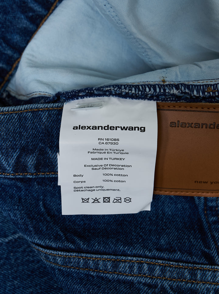 Alexander Wang low rise indigo denim board shorts with button fly and crystal-embellished AW logo strip - view 4