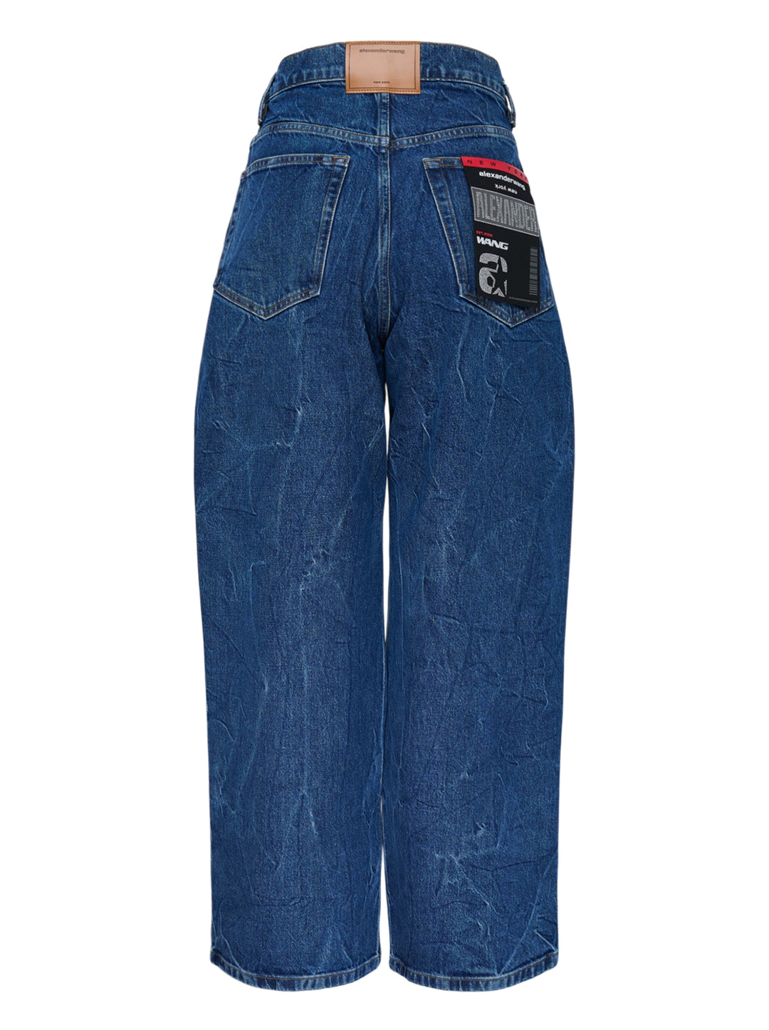 Alexander Wang unisex wide-leg jeans in crinkled mid-blue denim with a woven AW monogram flasher at the hip - view 2