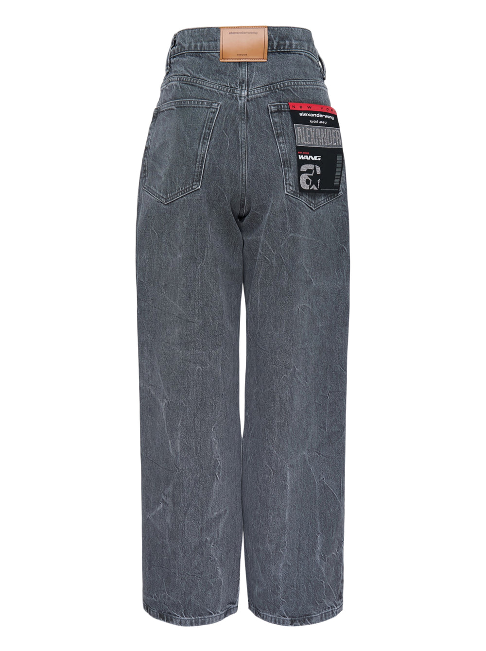Alexander Wang unisex wide-leg jeans in washed charcoal denim with woven AW flasher label detail, front view - view 2