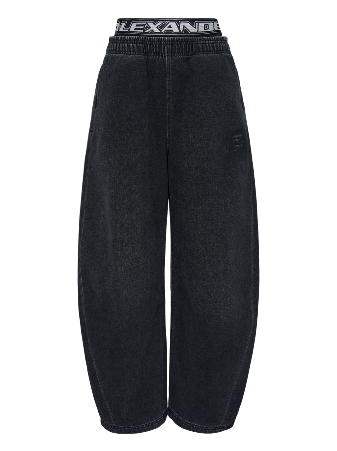 Alexander Wang washed black brushed denim sweatpants with layered logo elastic waistband and curved barrel leg